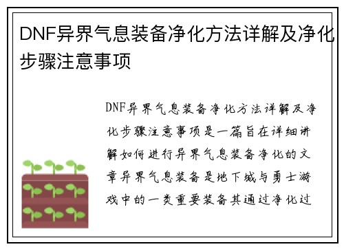 DNF异界气息装备净化方法详解及净化步骤注意事项