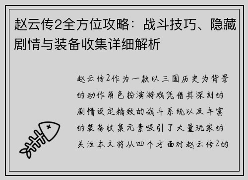 赵云传2全方位攻略：战斗技巧、隐藏剧情与装备收集详细解析