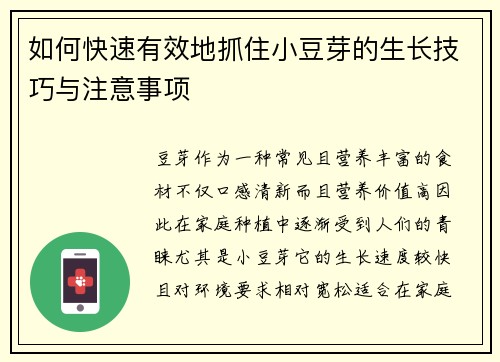 如何快速有效地抓住小豆芽的生长技巧与注意事项
